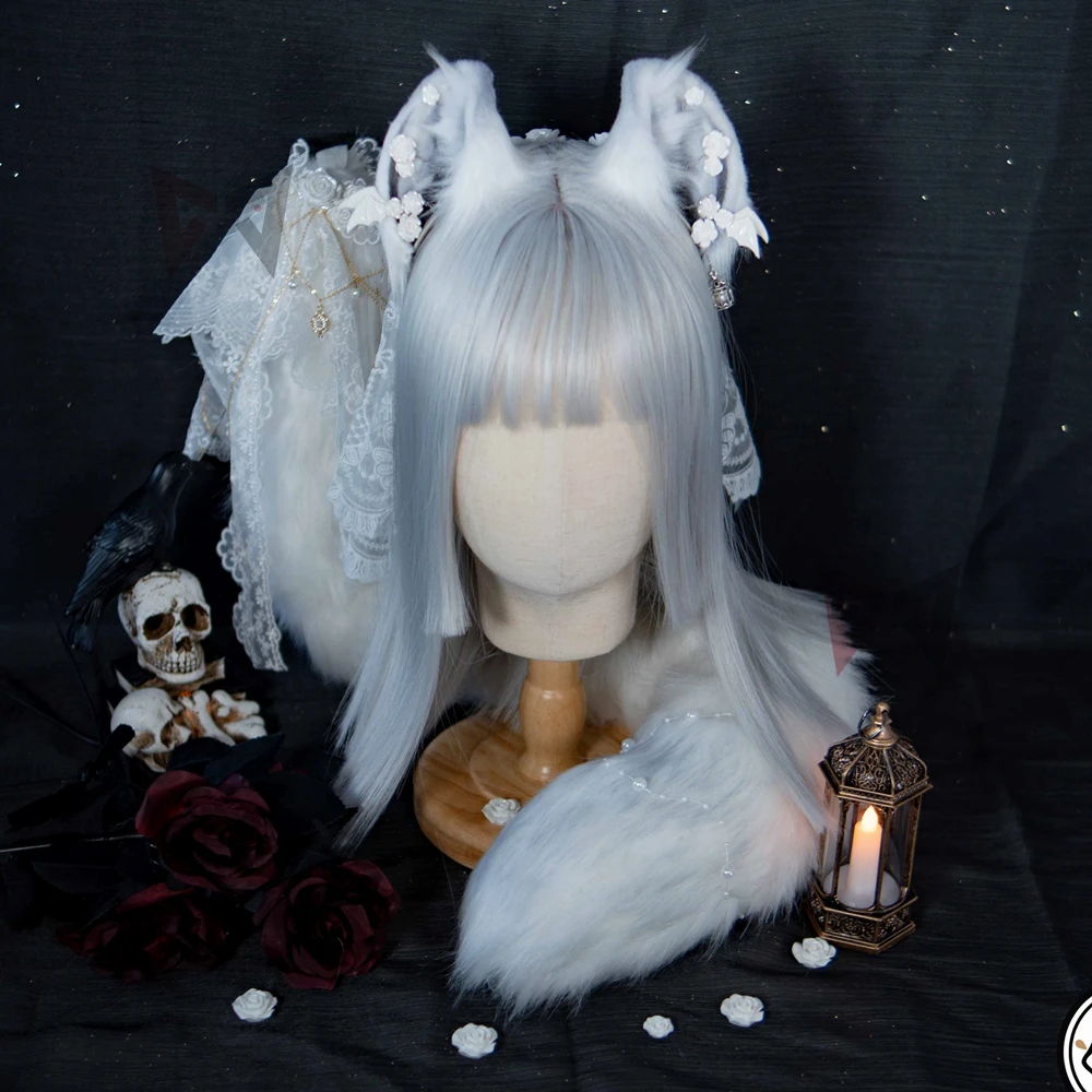 

New Halloween Devil Wings Style Cat Ears Hairhoop Tail White Fox Headwear Lolita KC Cosplay Costume Accessories