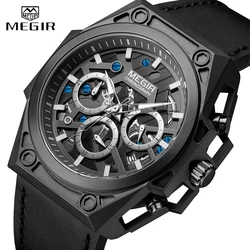 Top Brand MEGIR Men Watches Big Dial Leather Luminous Waterproof Sport Quartz Watch Men Clock Luxury Chronograph Reloj Hombre