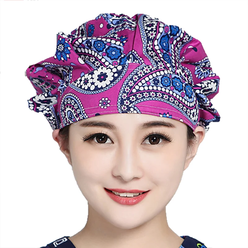 Scrub Topi untuk Wanita Elastis Adjustable Topi Pola Dicetak Pita Penahan Keringat Bouffant Topi Kapas Dapat Digunakan Kembali Bekerja Topi Aksesoris