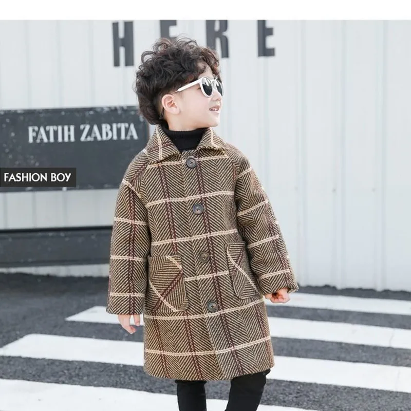 110-170 Boys Woolen Coat For Winter 2021 New Fashion Turn Collar Thick Plus Cotton Warm Overcoat Plaid Jackets High Quality