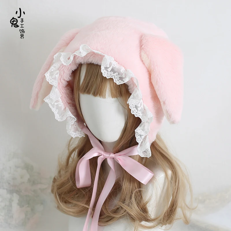 Japanese sweet loppy eared rabbit lei feng\'s cap lace lolita earmuffs cap joker fluffy warm winter hats