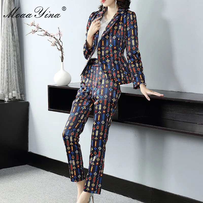 MoaaYina Fashion Designer Suit Autumn Winter Women Long sleeve Stripe Print Suit Tops+Trousers Two-piece set