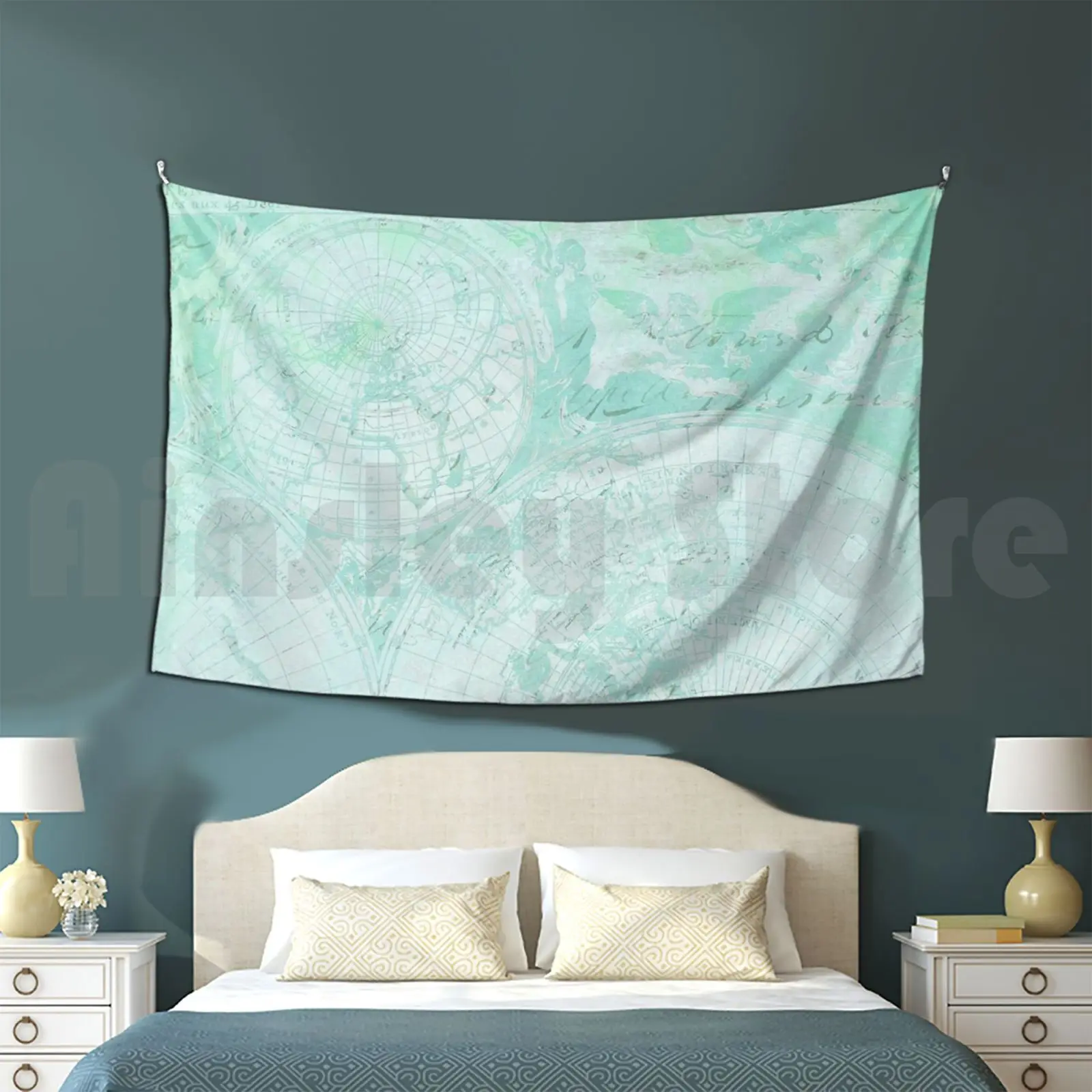 Mint Green World Map Inspirational Quote , Back To School Customized Tapestry Mint Green World Map Mint