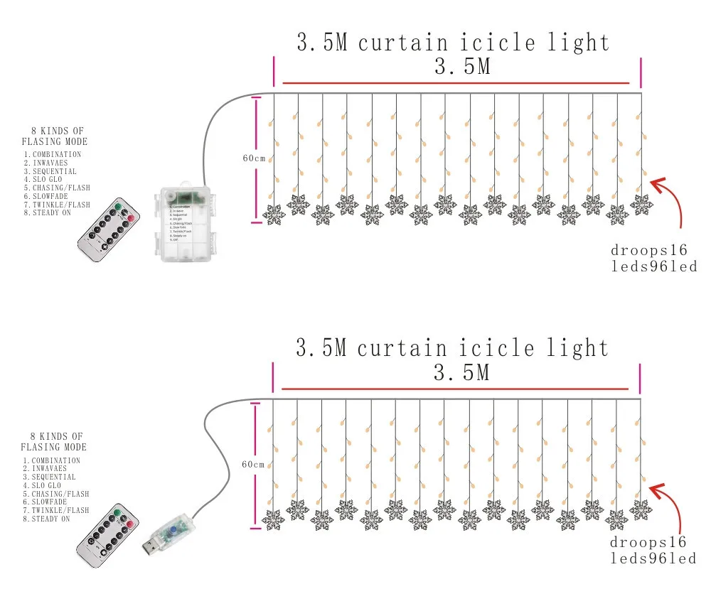 Christmas Snowflake Curtain String Lights Battery/USB Operated Led 8 Modes Timer Function Icicle Light For Home Party Decoration