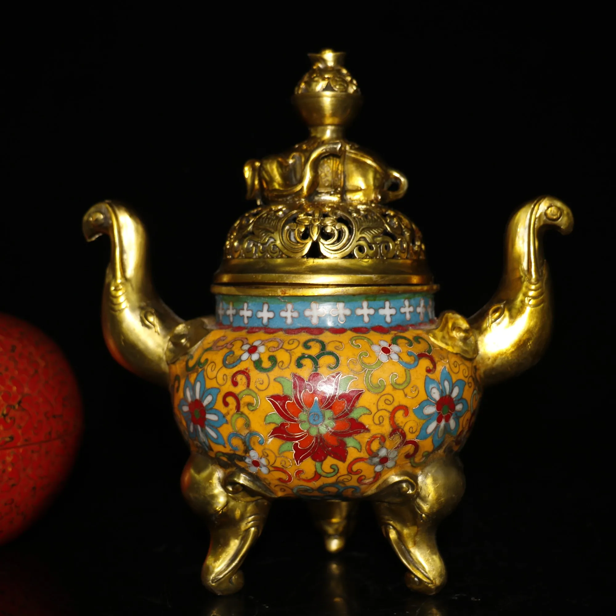 

9"Tibetan Temple Collection Old Bronze Cloisonne Enamel Elephant Statue Three-legged elephant trunk incense burner Ornaments