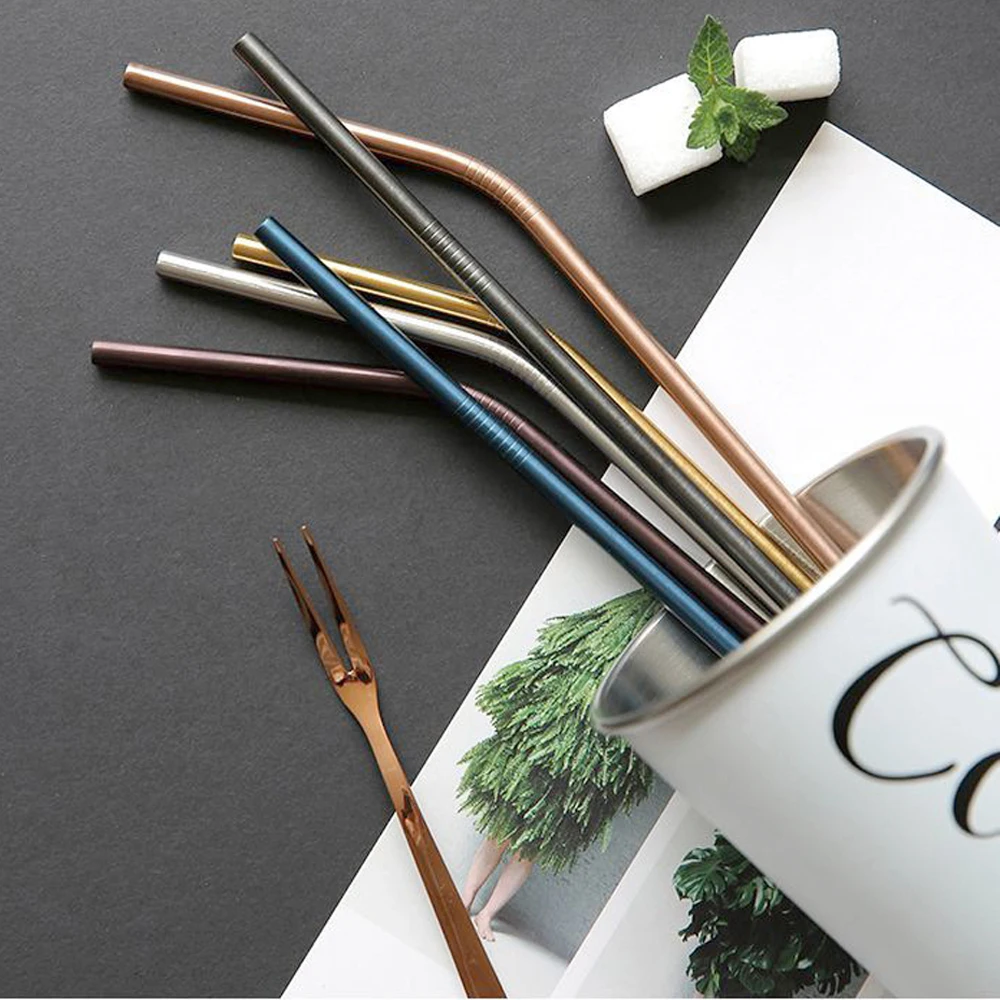 Eco-friendly Reusable Straight/Bent Drinking Colorful Straw With Cleaner Brush Metal 304 Stainless Steel Straws Drop Shipping