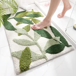 Door Mat Green Leaves Flocking Bath Mat Non-slip Absorbent Microfiber Bathroom Rug Welcome Home Entrance Super Soft Bath Carpet