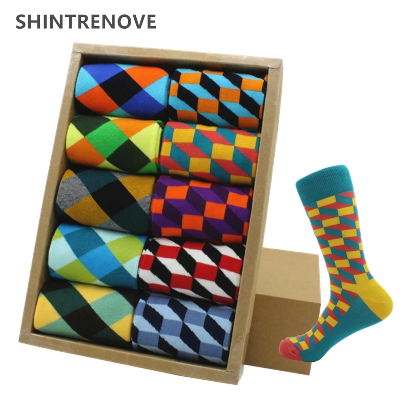 Brand Quality Men Socks Funny Casual Business Dress Party Crew Socks Color Plaid Diamond Trend Happy Cotton Socks For Men