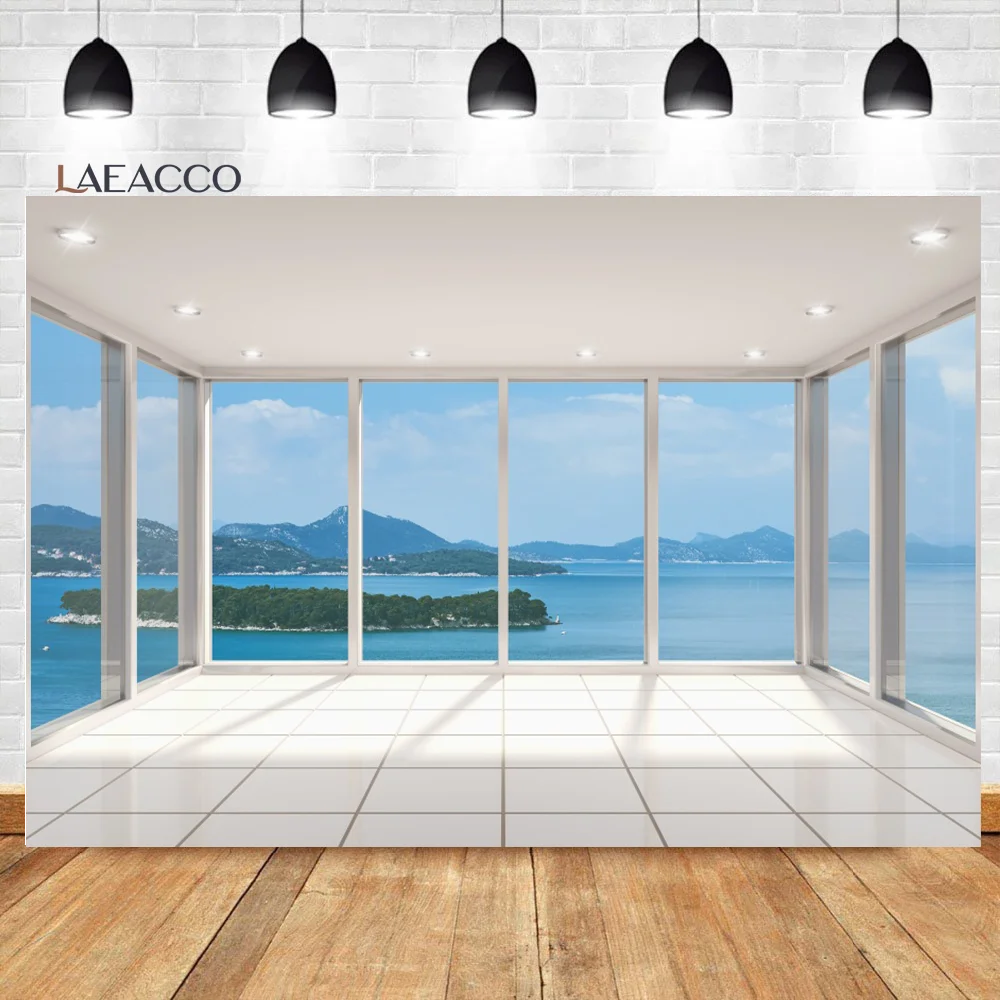 Laeacco Wood Vintage House French Window Sea Scenery Photography Backdrops Photographic Backgrounds Room Decor Photophone Props