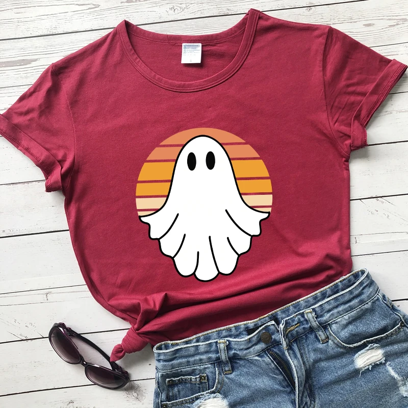 

Colored Ghost 100% Cotton T-shirt Funny Women Boo Halloween Gift Tshirt Cute Autumn Holiday Top Tee Shirt