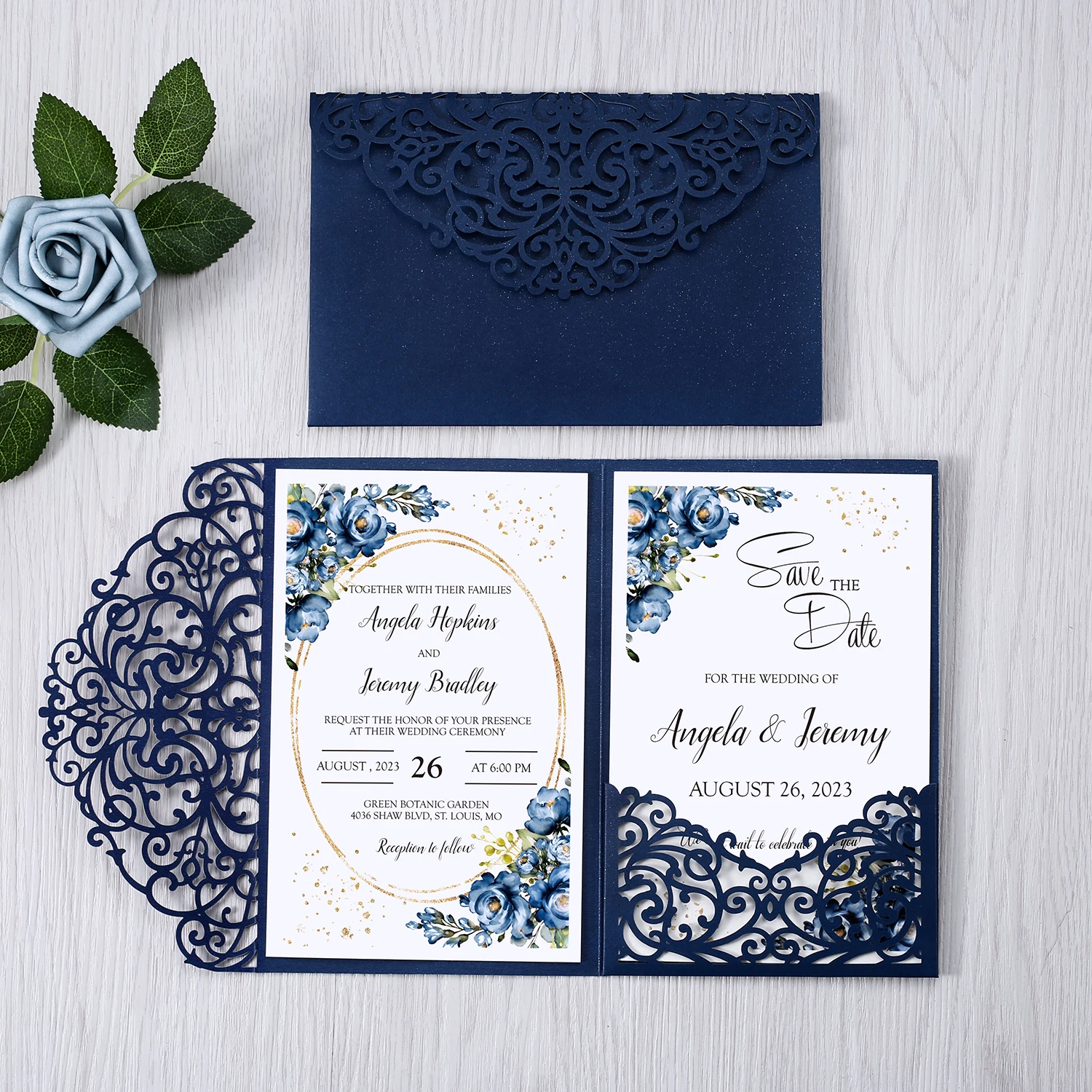 50pcs Blue Glitter Laser Cut Hollow Rose Wedding Invitations Cards with Glitter Pockets and Envelopes for Wedding Party