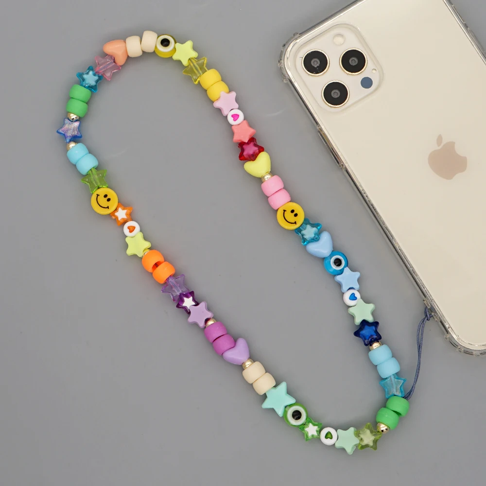 1 pz resina etnica multicolore stella cuore perline catena del telefono cellulare per le donne lungo acrilico perline telefono cordino gioielli