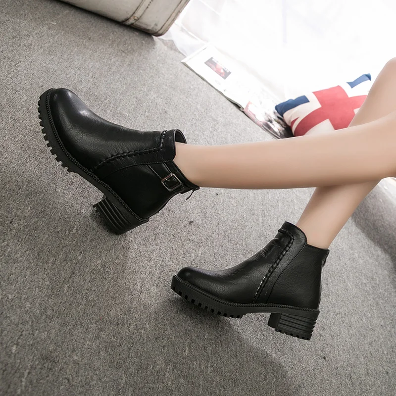 Women\'s Ankle Boots Zipper Square heel Vintage Print Leather Shoes for Women Buckle Strap Round Toe Casual Short Boots Shoes