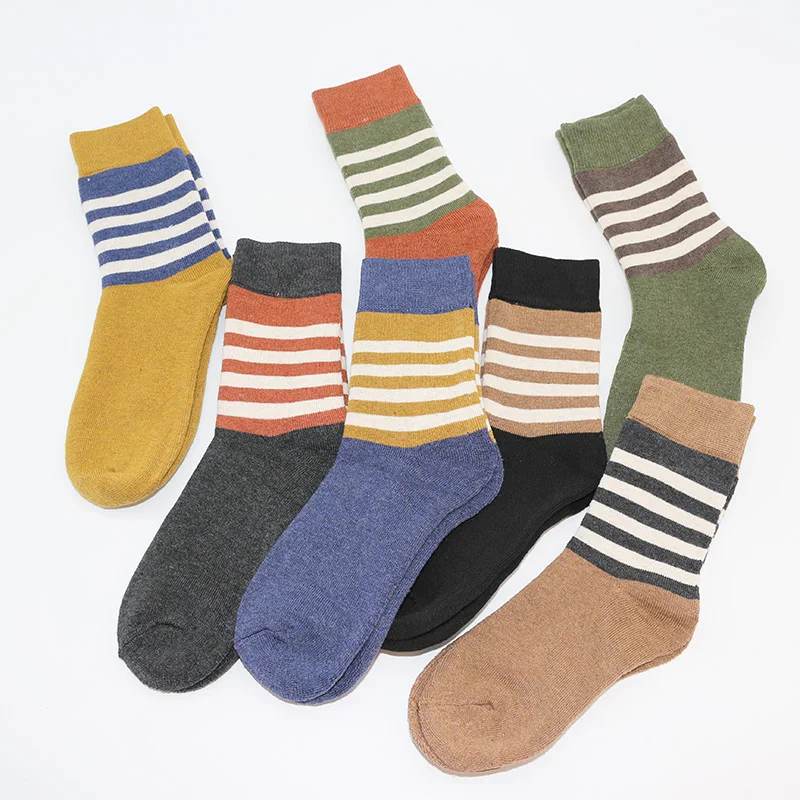 Men's Winter Thick Warm Striped Terry 100% Combed Cotton Socks Soft Breathable Harajuku Retro Casual Long Socks 3 Pair