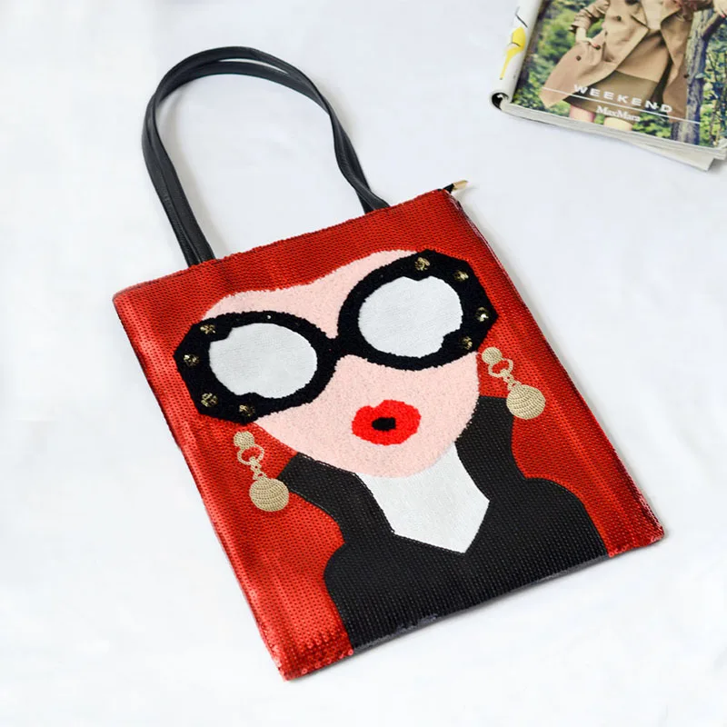 Fashion cartoon elegant woman sequins pu leather ladies shoulder bag handbag casual shopping bag female totes purse 3 colors