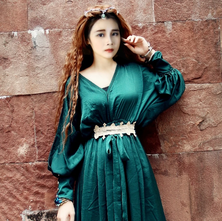 Design Spring Original Women Oversized Vintage Elegant Slim Green Casual Loose Silk Double Wrinkled Dress