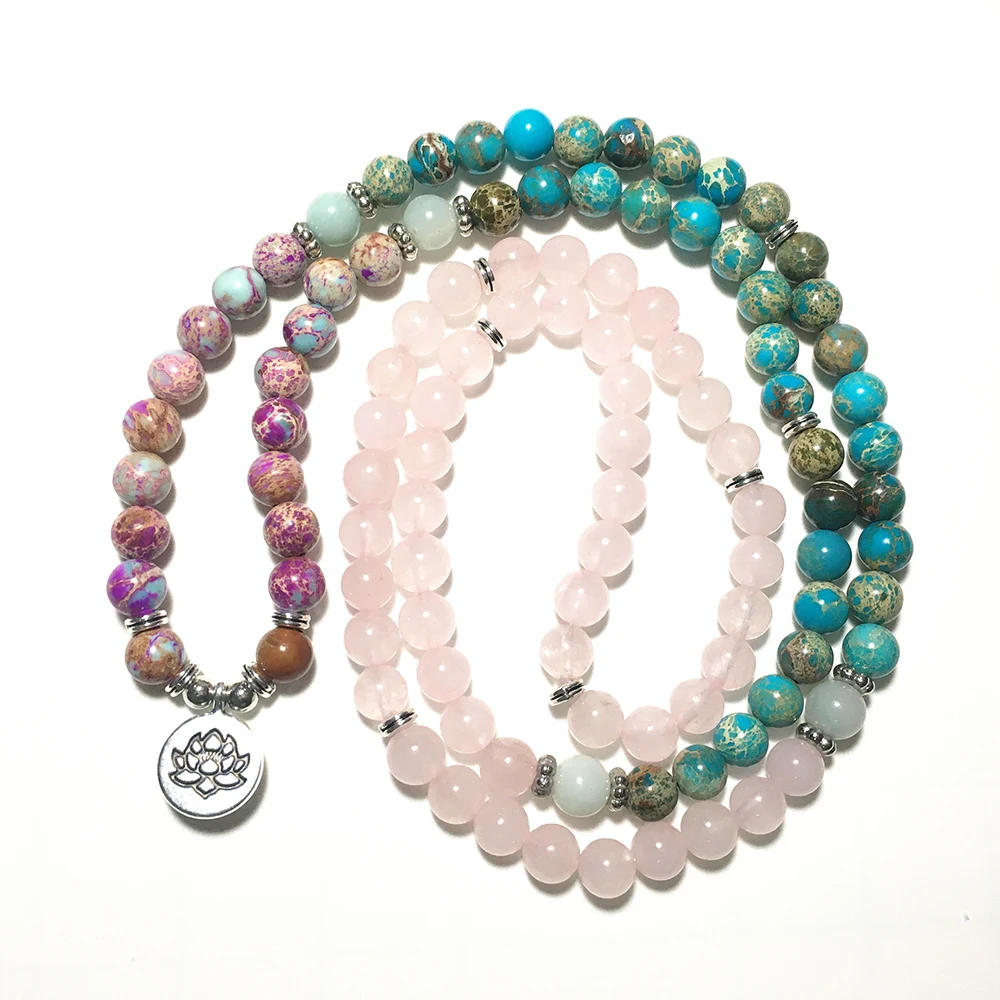 SN1530 New Design Women`s 108 Mala Yoga Bracelet Pink Crystal Natural Jaspers Mala Beads Bracelet Lotus Energy  Yoga Jewelry