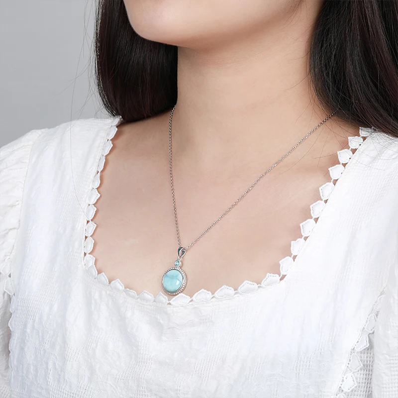 Retro Plated Gold 925 Sterling Silver Topaz Pendant Necklace Natural Precious Round Dominica Larimar Jewelry Gifts for Woman