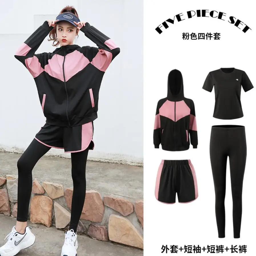 Coats+Bra+Shorts+Pants Women Yoga 4 Pieces Set Outdoor Sports Running Suits Fitness Gym Clothing Loose Breathable Sports Sets