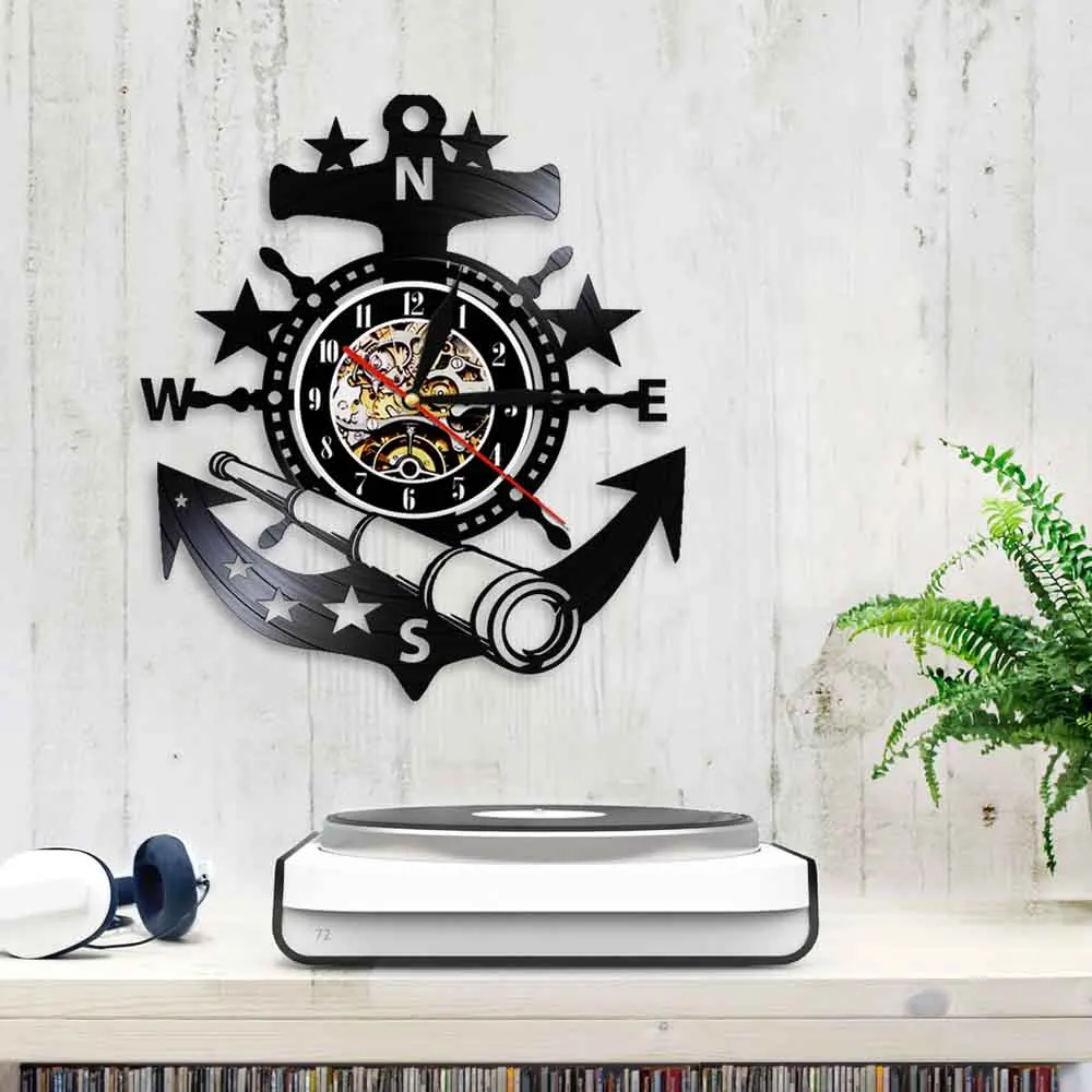 Marine Nautical Ship Steering Wheel Wall Clock Vintage Vinyl Record Wall Clock Watches Anchor Wall Decor For Living Room Bedroom