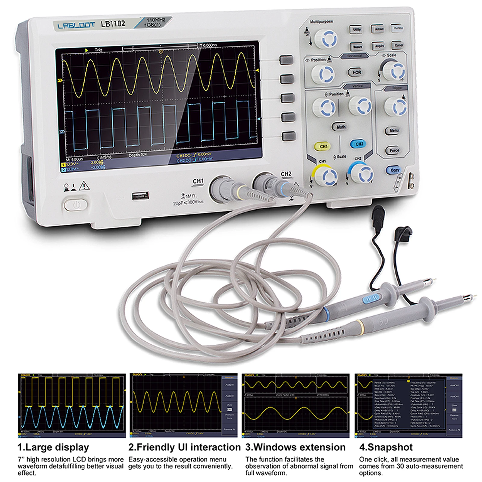 Labloot LB1102 Digital Oscilloscope 2-Channel Oscilloscopes 110MHZ Bandwidth 1GS/s High Accuracy Oscilloscope