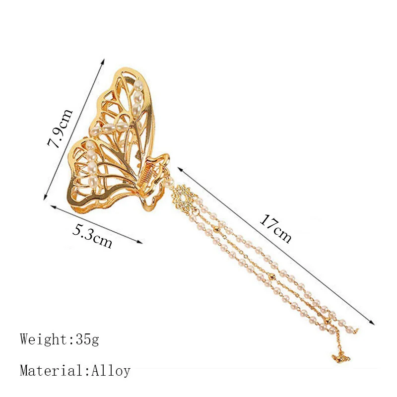 Korean Butterfly Tassel Bead Pendant Hair Claw For Women Fashion Hollow Gold Silver Color Metal Hair Clips Girl Hair Accessories