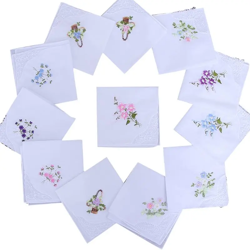 5Pcs Womens Cotton Handkerchiefs Floral Embroidered Butterfly Lace Pocket Hanky