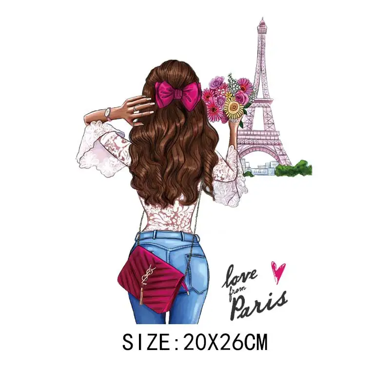 Romantic Paris Patches For Clothes DIY Washable Woman T-Shirts Heat Transfer Thermal Stickers Fashion Girl Iron On Appliqued