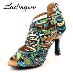 Ladingwu Brand Latin Dance Shoes Ladies Dance Boots Ballroom Dance Shoes Blue African texture Shoes Professional Indoor Shoes