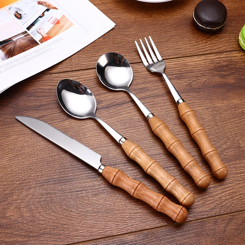 YOMDID 1PC Dinner Knife Fork Spoon With Wood Handle Stainless Steel Cutlery Western Food Dessert Tableware Fork Spoon Dinnerware