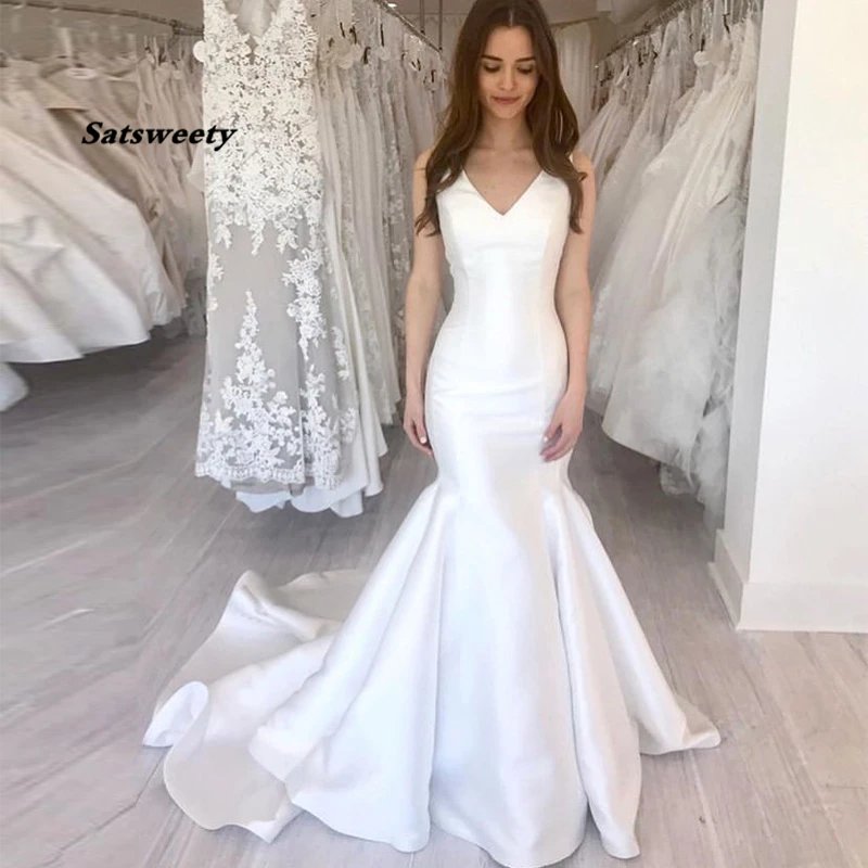 

V-neck Mermaid Wedding Dress White Ivory Satin Elegant Bridal Dresses Chapel Train Custom Simple Vestido De Novia Cheap