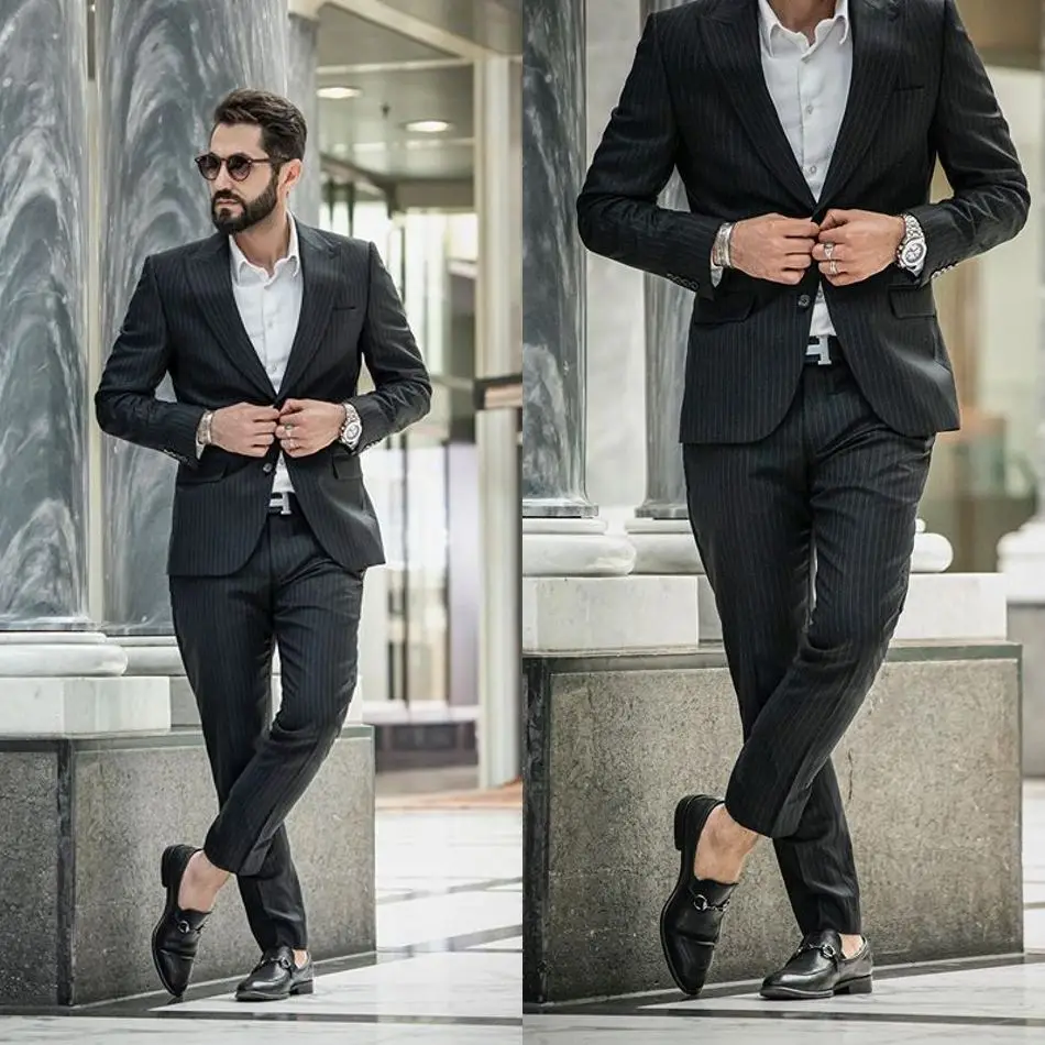 Traje de dos piezas para hombre, esmoquin de diseñador a rayas con doble botonadura, con solapa de pico dorado, color negro, para boda