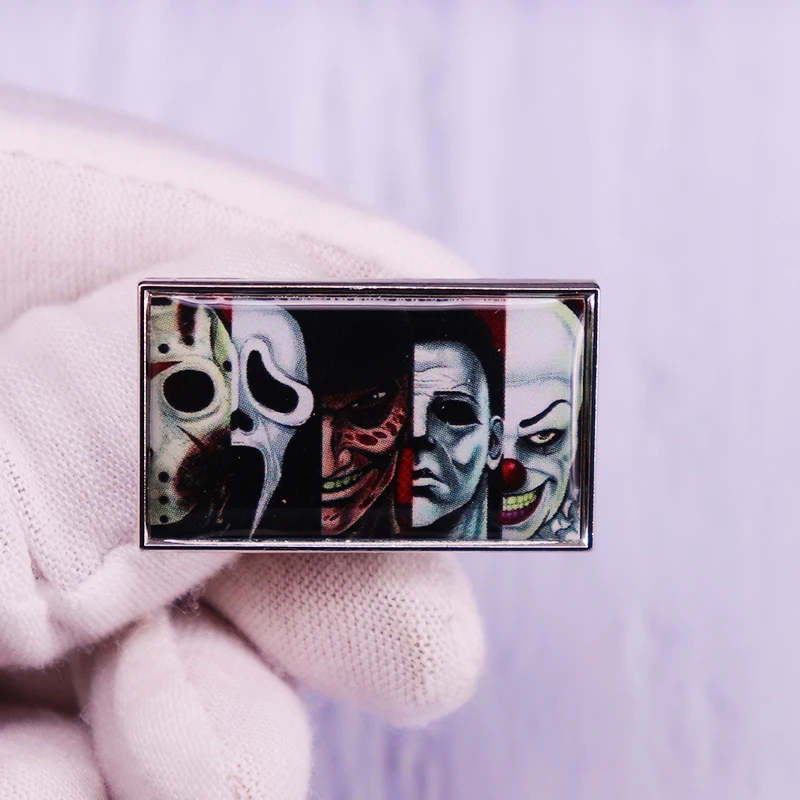 

Horror Movie Faces Enamel Pin Horror Joker Figures Collection Brooch Creepy Halloween Jewelry Decor