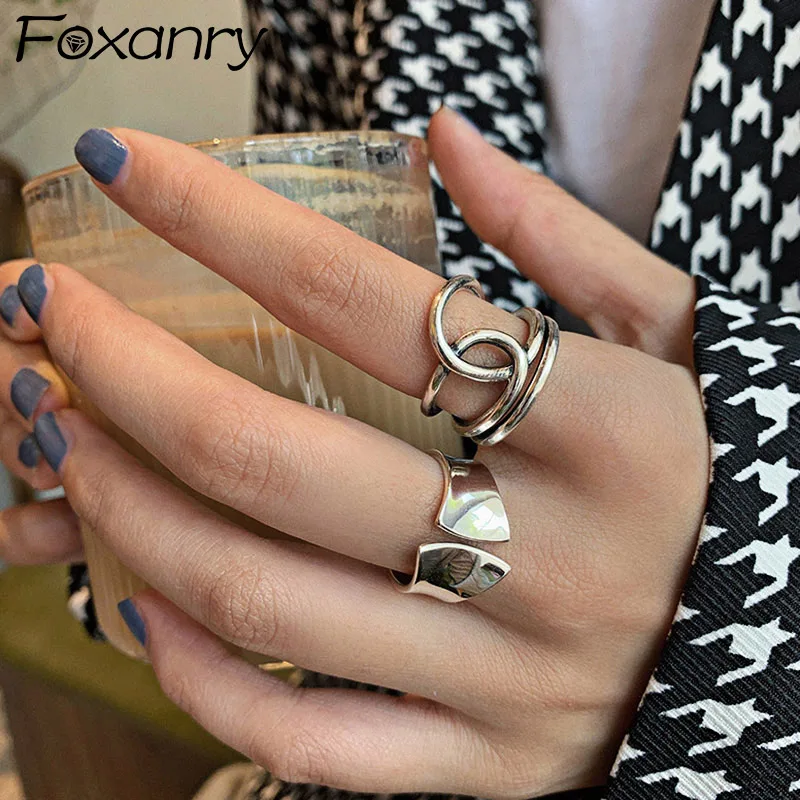 Foxanry Vintage Punk Silver Color Width Rings for Women Fashion Simple Multilayer Geometric Birthday Party Jewelry Gifts