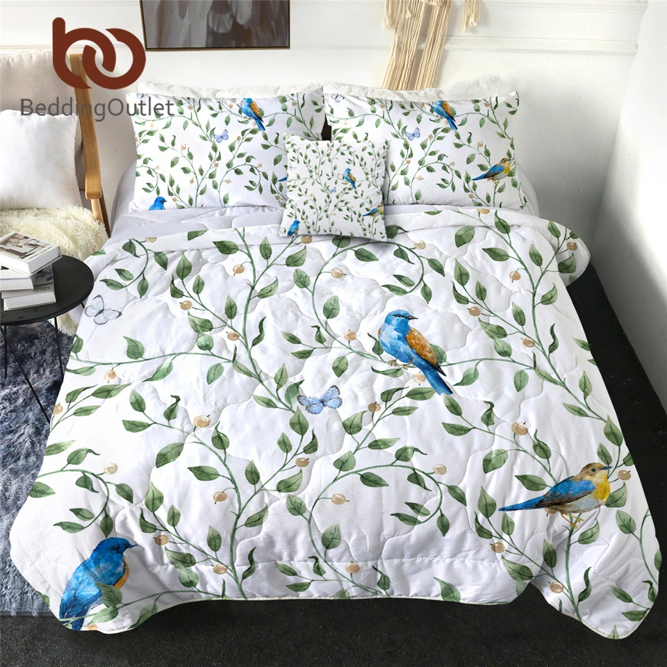 

BeddingOutlet Bird Bedding Throw Green Leaf Plant Thin Quilt Blue Air-conditioning Duvet Watercolor Comforter Set colcha de cama