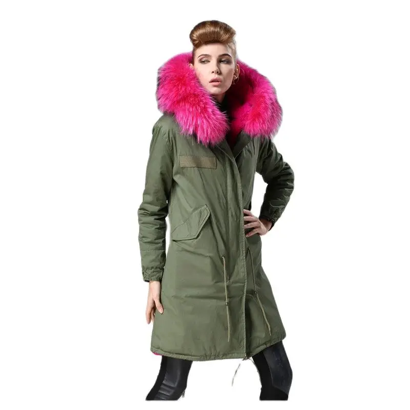 Veste longue en fourrure de raton laveur véritable pour femme, col de chien, parka chaude, manteau vert armée, rose chaud, mode, haut, hiver, M. et Mme