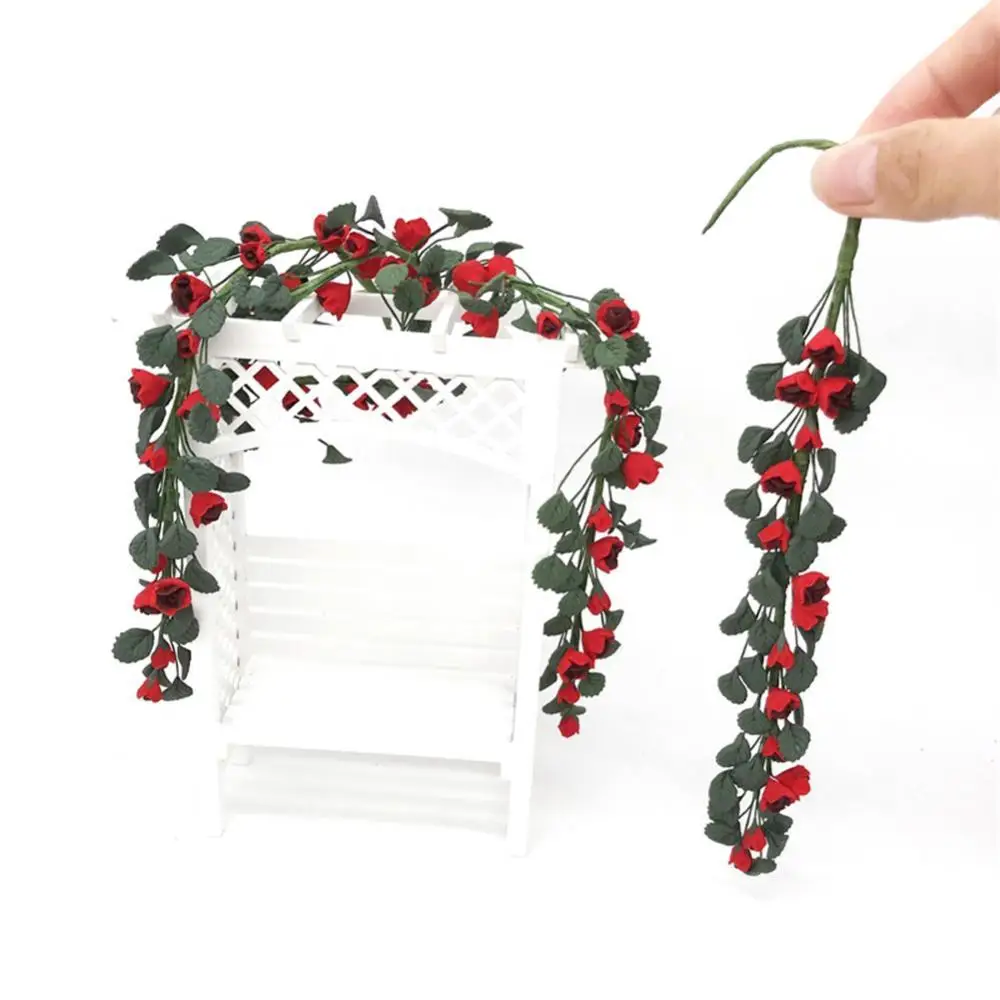 1/12 Simulation Fake Rose Flower Branch Garland Doll House Garden Ornaments