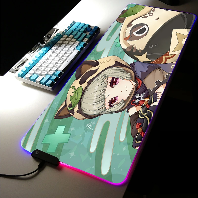 

Genshin Impact RGB LED Light Gaming Accessories Led Cute Anime Girl Sayu MousePad Carpet Large Mechanica Keyboard Game Desk Mat