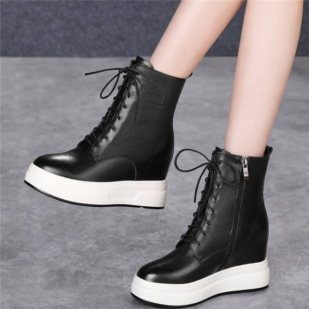 

High Top Pumps Shoes Women Lace Up Genuine Leather Wedges High Heel Ankle Boots Female Round Toe Fashion Sneakers Casual Shoes