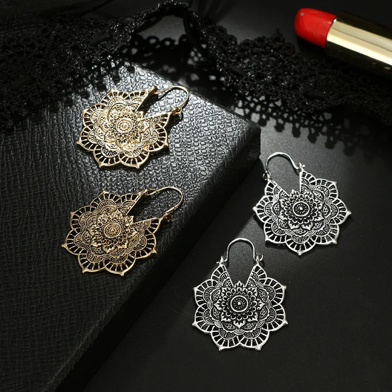 Boho Vintage Gold Sliver Earrings Cutout Flower Alloy Dangler Earrings for Women Wedding India Jewelry Accessories Aretes 2023