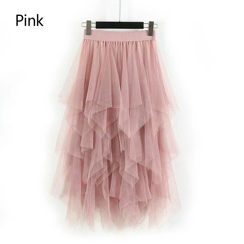 2020 asymmetrische Hohe Taille Rüschen Mesh Tutu Tüll Lange Midi Rock Für Frauen Schwarz Weiß Rosa