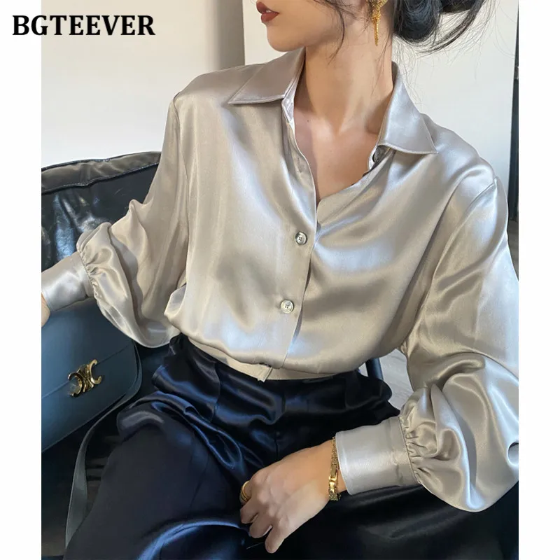 BGTEEVER Vintage Satin Women Blouses Autumn Winter Lapel Lantern Sleeve Loose Single-breasted Female Shirts Short Tops 2021