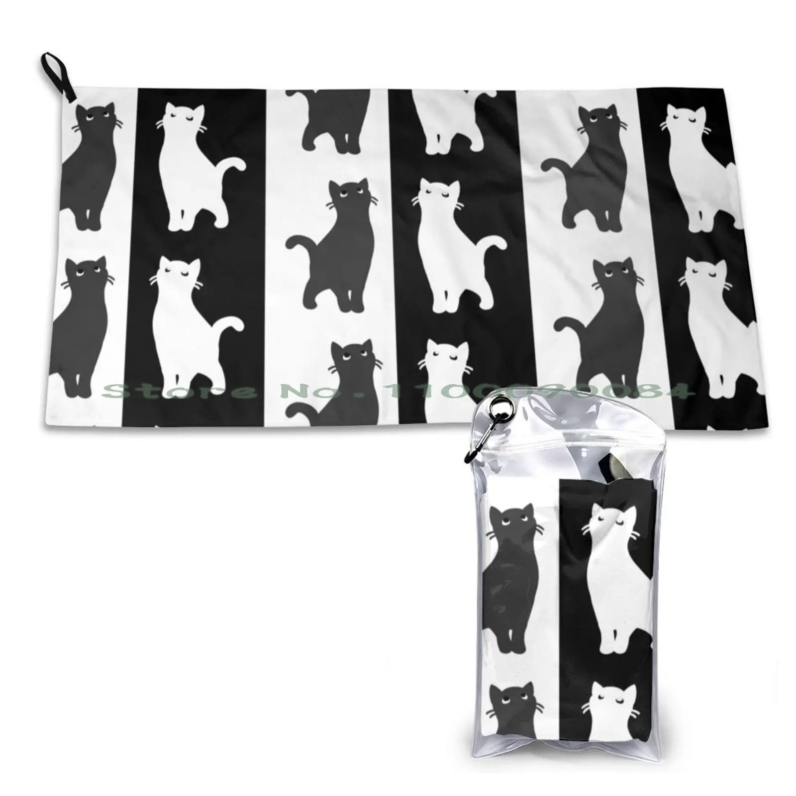 Inverted Cats Quick Dry Towel Gym Sports Bath Portable Cats Kitten Kitty Playful Ears Tail Fur Silhouette Inverted Black White