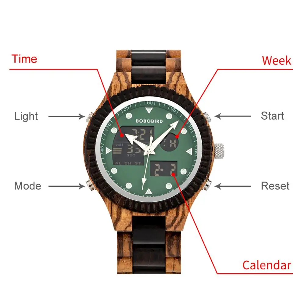 BOBO BIRD-reloj analógico de madera para hombre, accesorio de pulsera de cuarzo resistente al agua con doble pantalla, complemento Masculino de marca de lujo con diseño de cebra, perfecto para regalo de Navidad, envío directo OEM