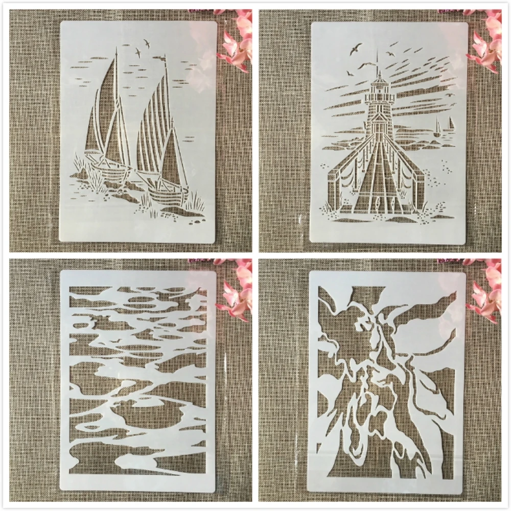 4Pcs A4 29cm Sailboat Lighthouse Iceberg DIY Layering Stencils Painting Scrapbook Coloring Embossing Album Decorative Template