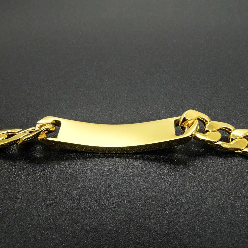 18K Gold Color Bracelets 8 Inches 100% Stainless Steel Bracelet 9 mm Width ID Bar Curb Cuban Chain for Musculine Men Women