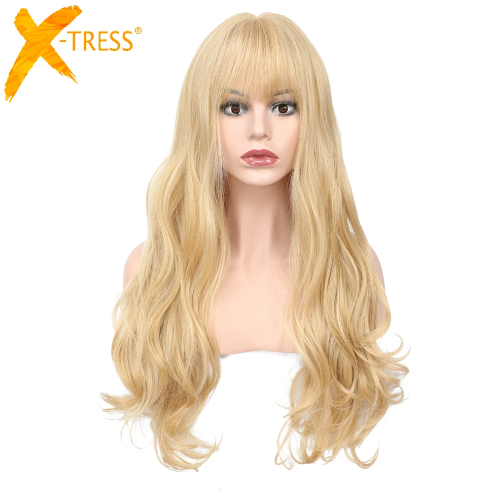 X-TRESS Gold Blonde Colored Synthetic Wigs For Women Body Wave Machine Made Wig With Bangs High Temperature Fiber Hairpiece