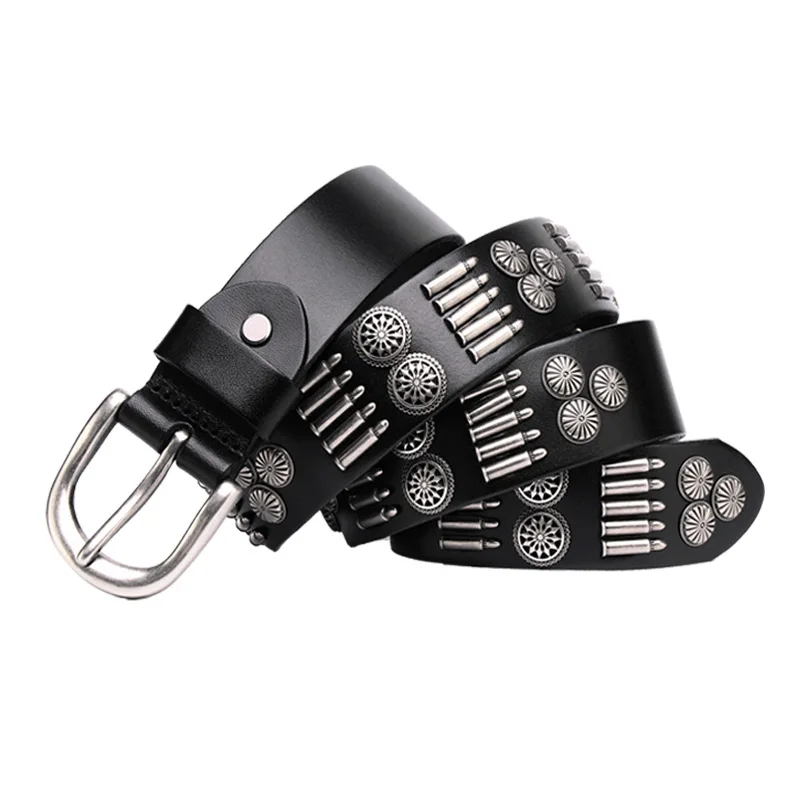 New men's punk style personality belt light luxury American women's leather head layer cowhide bullet rivet belt