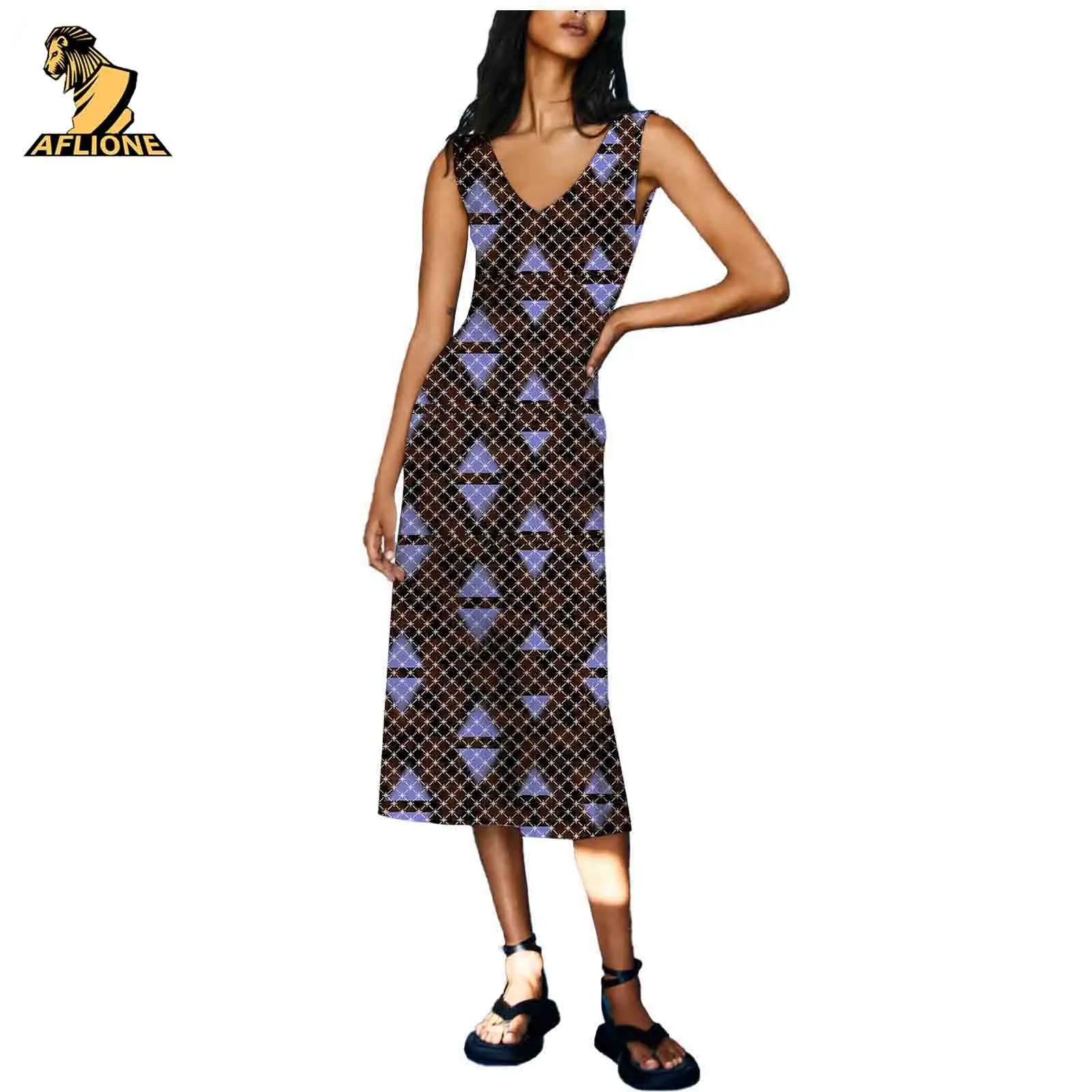 

African Clothes For Women Wax Ankara V-Neck Sleeveless Mid-Calf Length Cotton Printed Dress Traditional Outsits v2129004