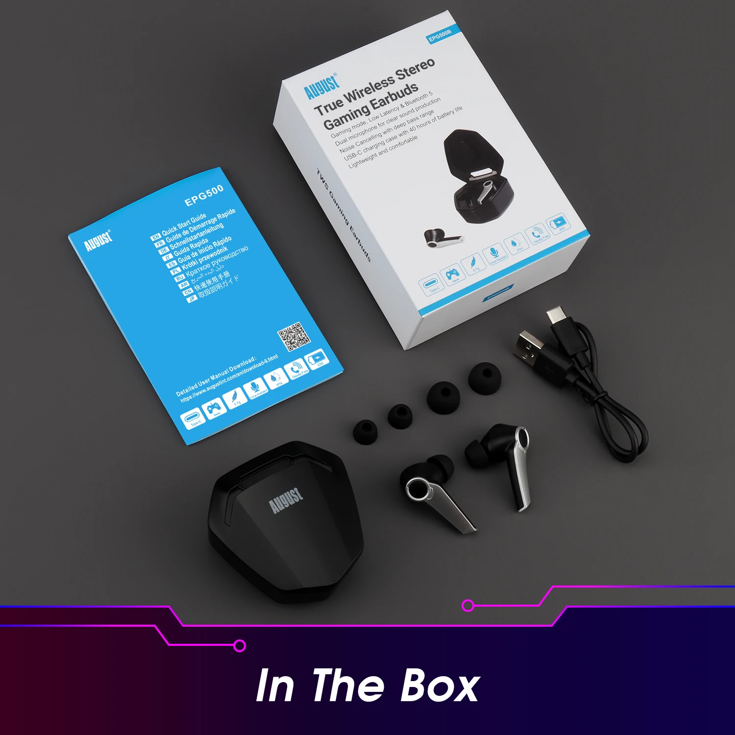 August EPG500B TWS Wireless Bluetooth Earphone Gaming Earbuds Bluetooth 5.0 With Charging Case Touch Control Sport Headset